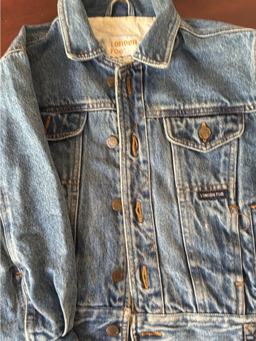 London Fog Light Blue Denim Jacket with Contrast Stitching & lining. Size L